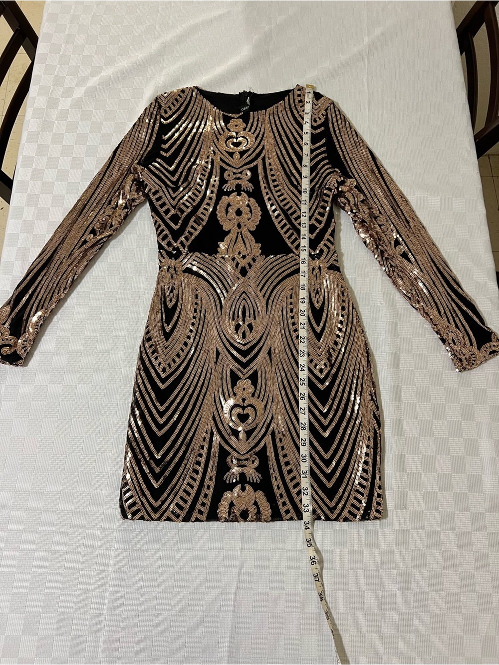 Black Mini Dress with Rose Gold Sequin Detail - Long Sleeve Party Dress - Picture 2 of 7